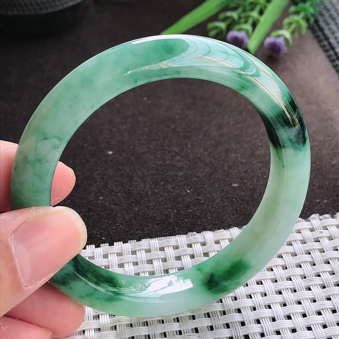 实拍翡翠A货56.5/11.7/8.7老坑冰胶水灵冰飘花手镯宽边翡翠玉镯女款百搭