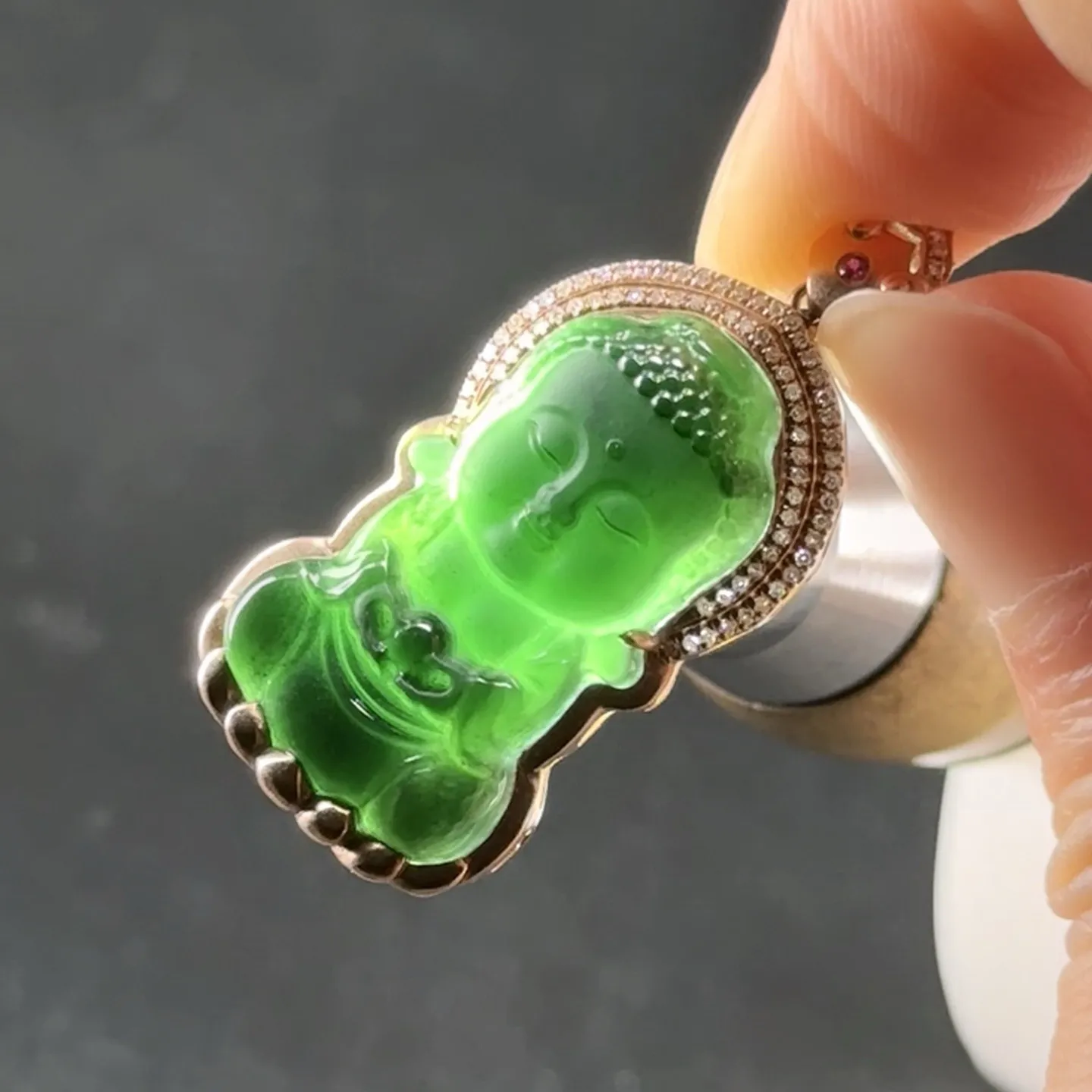 精品18k墨翠宝宝佛吊坠 种好色正 黑度极好 打灯通透 油性十足 尺寸34.9