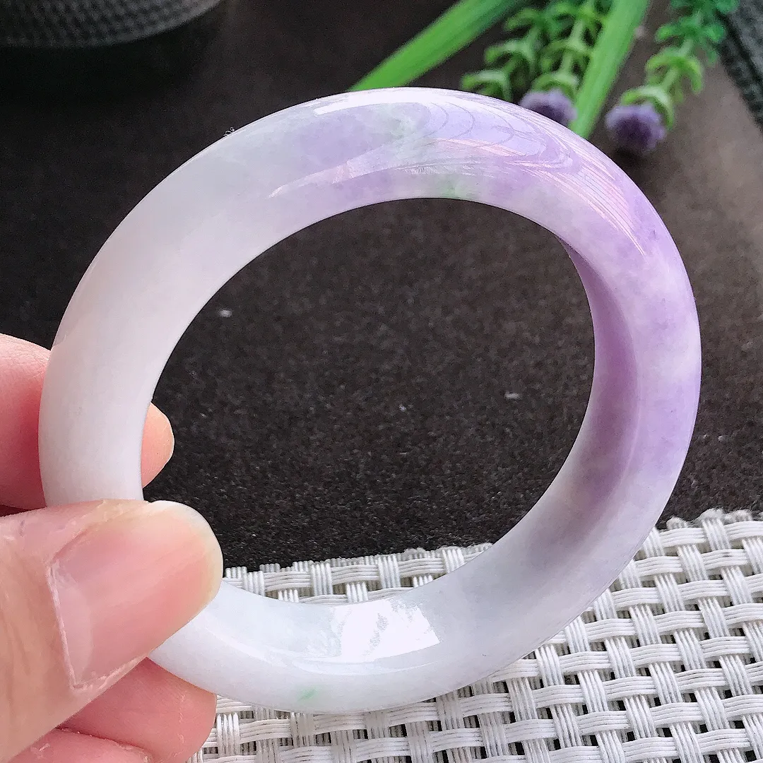 实拍翡翠A货51.5/13.1/9老坑冰润特色紫罗兰手镯宽边翡翠玉镯女款百搭