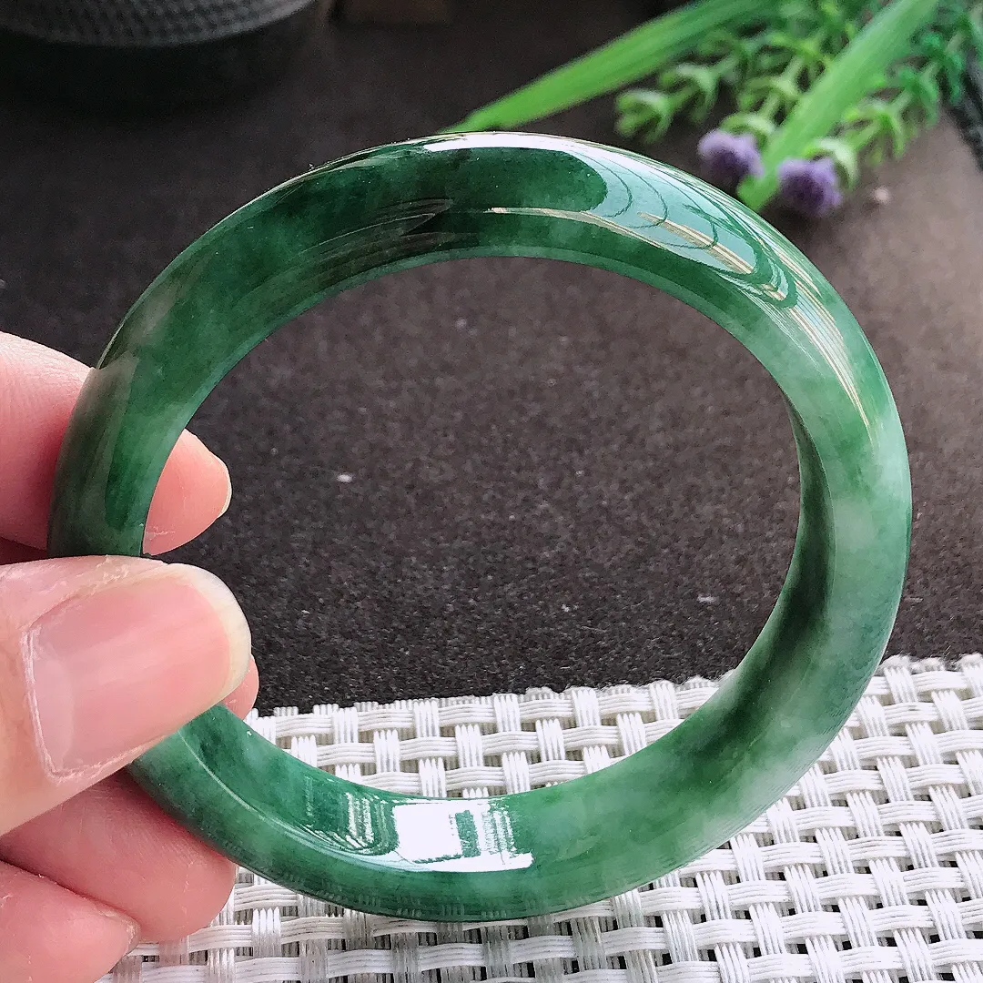 实拍翡翠A货56.5/12.8/7.9老坑精美特色飘花手镯宽边翡翠玉镯女款百搭