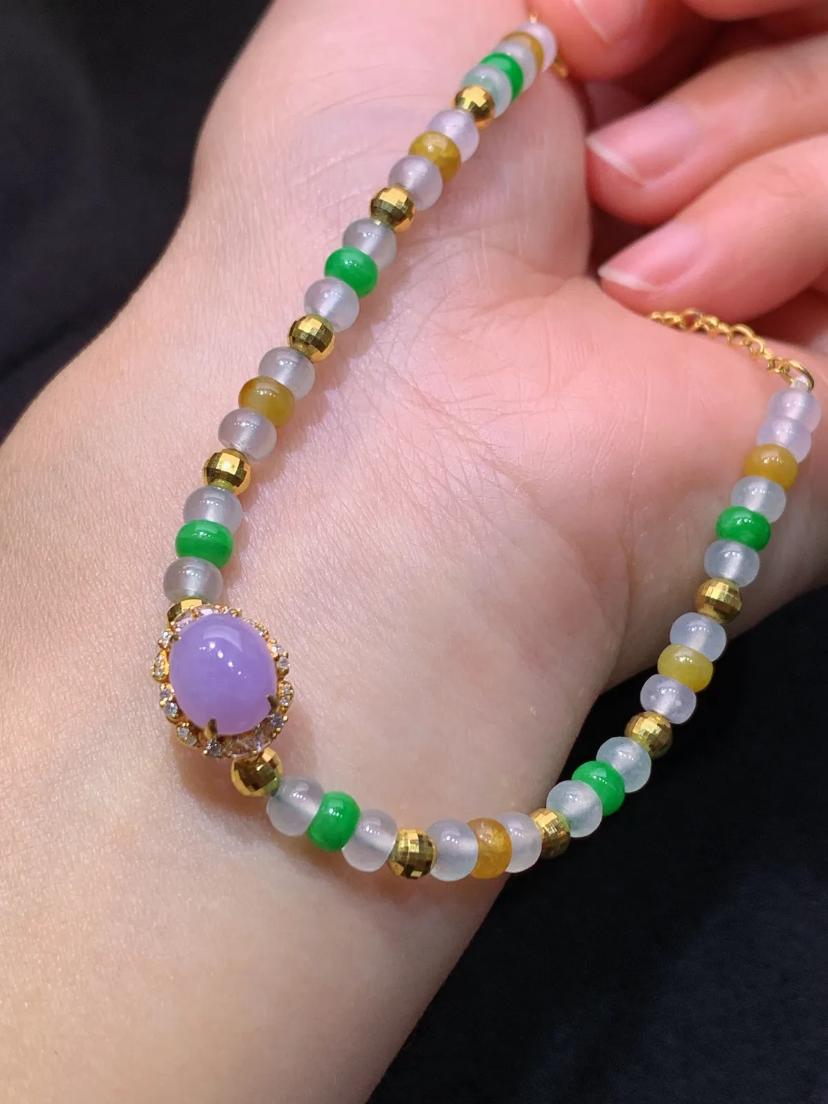 冰种多彩算盘珠手链，18k金配饰，冰润鲜艳，种水足，Fj 尺寸11.9*9.8*7.4