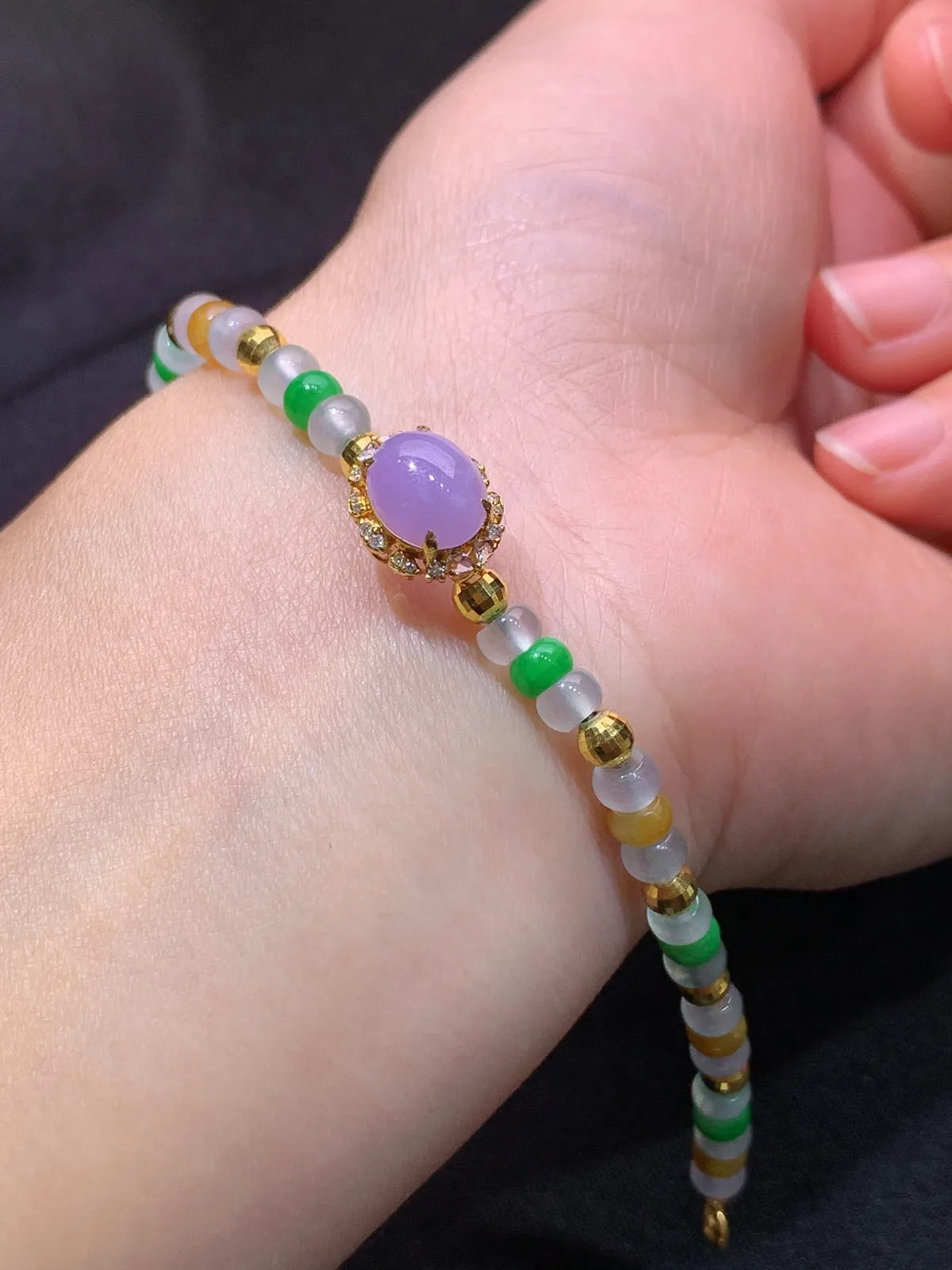 冰种多彩算盘珠手链，18k金配饰，冰润鲜艳，种水足，Fj 尺寸11.9*9.8*7.4