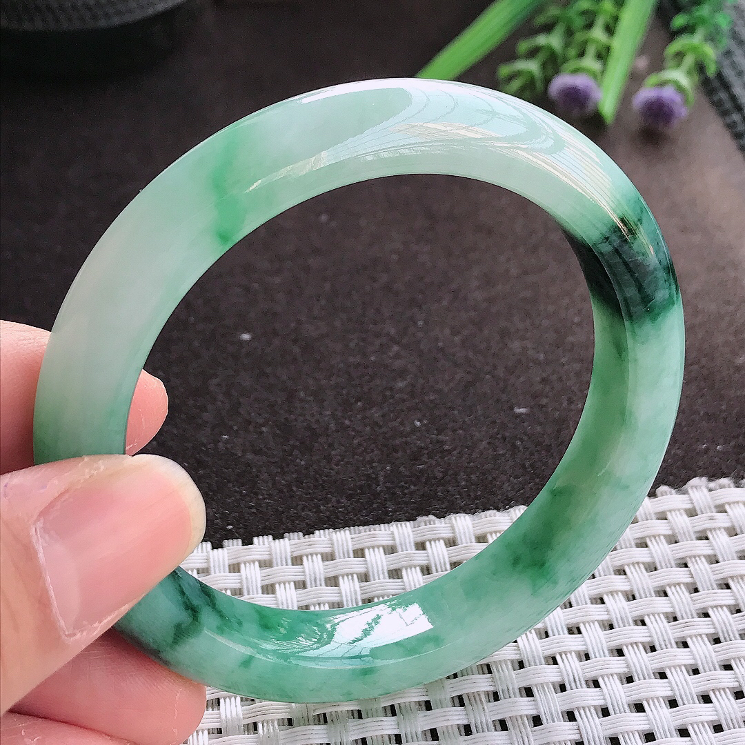 实拍翡翠A货56.5/11.7/8.7老坑冰胶水灵冰飘花手镯宽边翡翠玉镯女款百搭