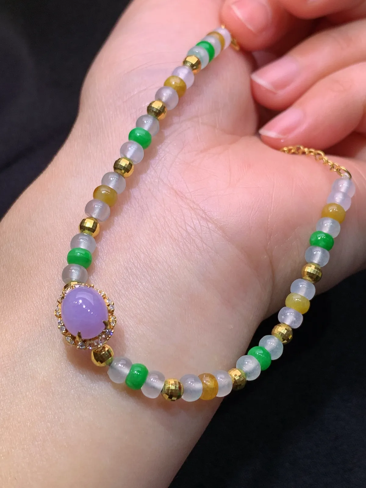 冰种多彩算盘珠手链，18k金配饰，冰润鲜艳，种水足，Fj 尺寸11.9*9.8*7.4