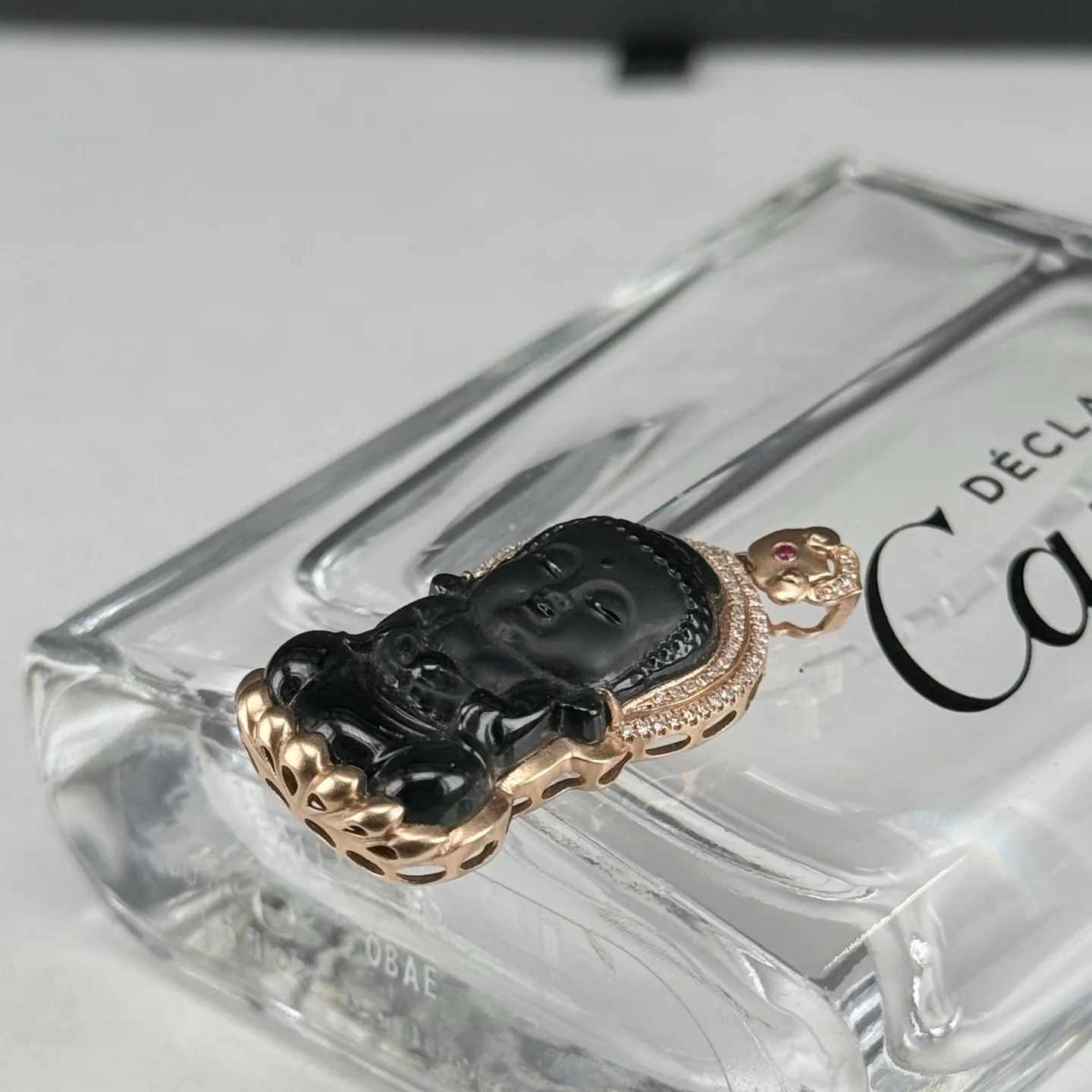 精品18k墨翠宝宝佛吊坠 种好色正 黑度极好 打灯通透 油性十足 尺寸34.9