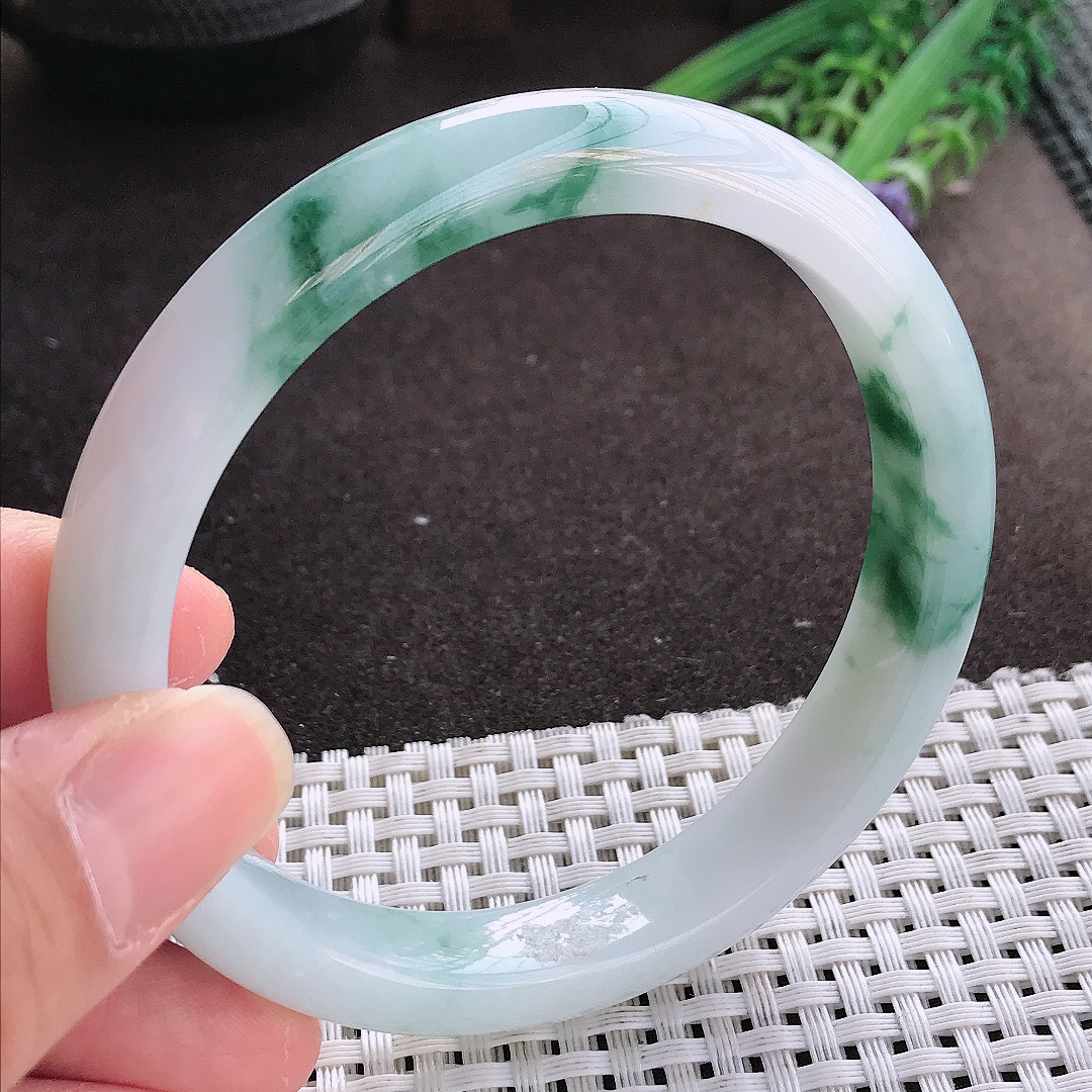 实拍翡翠A货63/11.8/8.2大圈口老坑冰润起胶飘花手镯宽边翡翠玉镯女款百搭