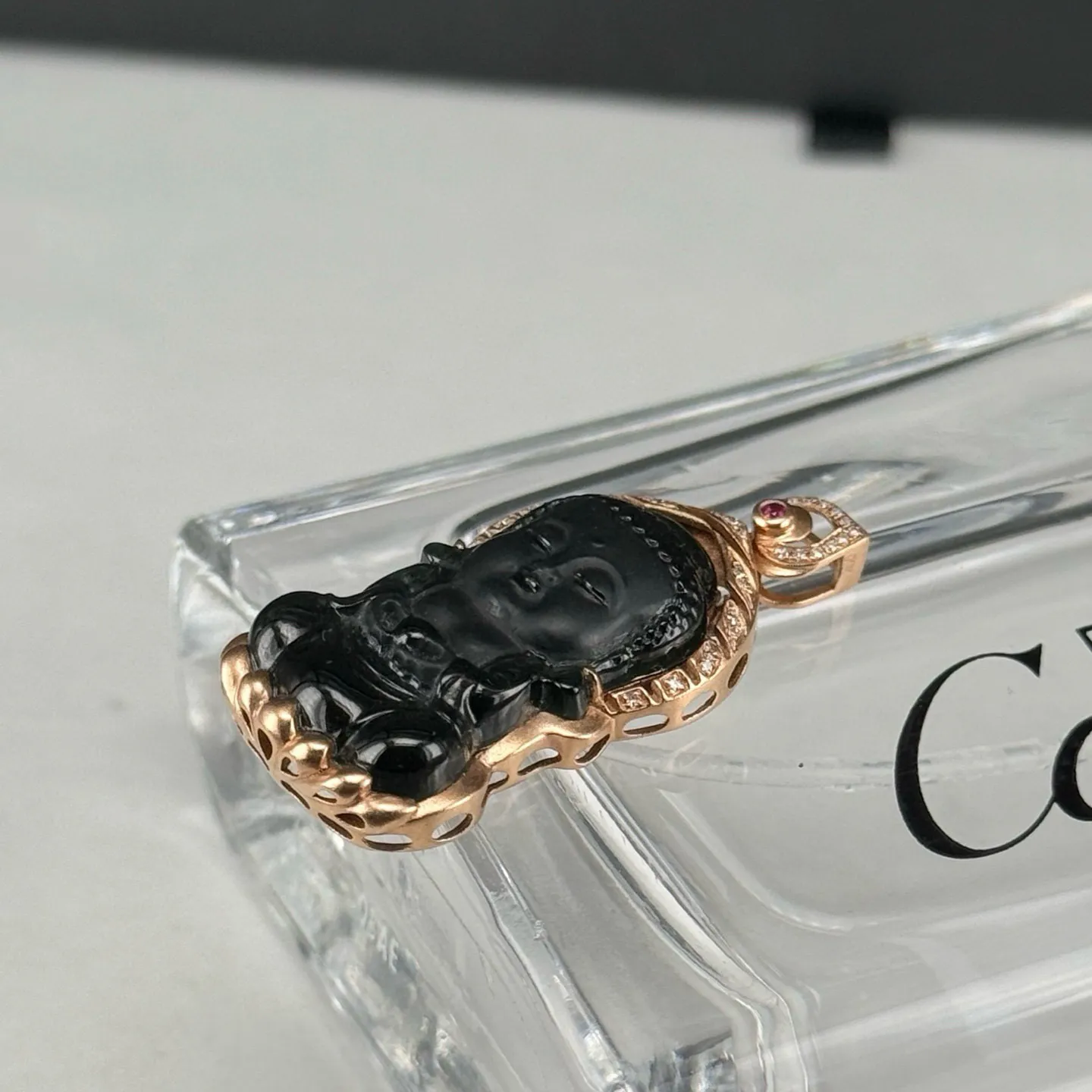 精品18k墨翠宝宝佛吊坠 种好色正 黑度极好 打灯通透 油性十足 尺寸35.9