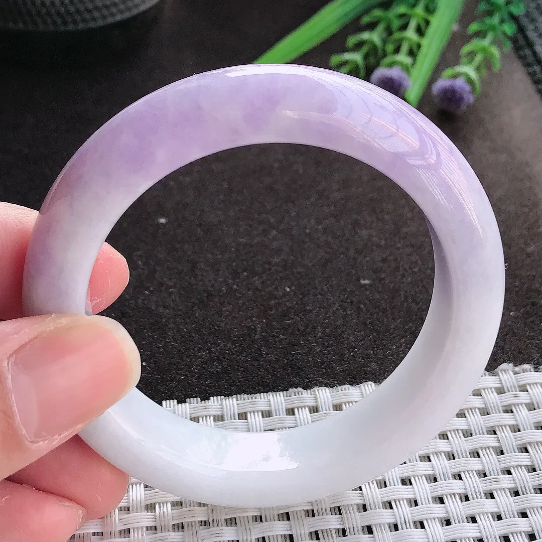 实拍翡翠A货51.5/13.1/9老坑冰润特色紫罗兰手镯宽边翡翠玉镯女款百搭