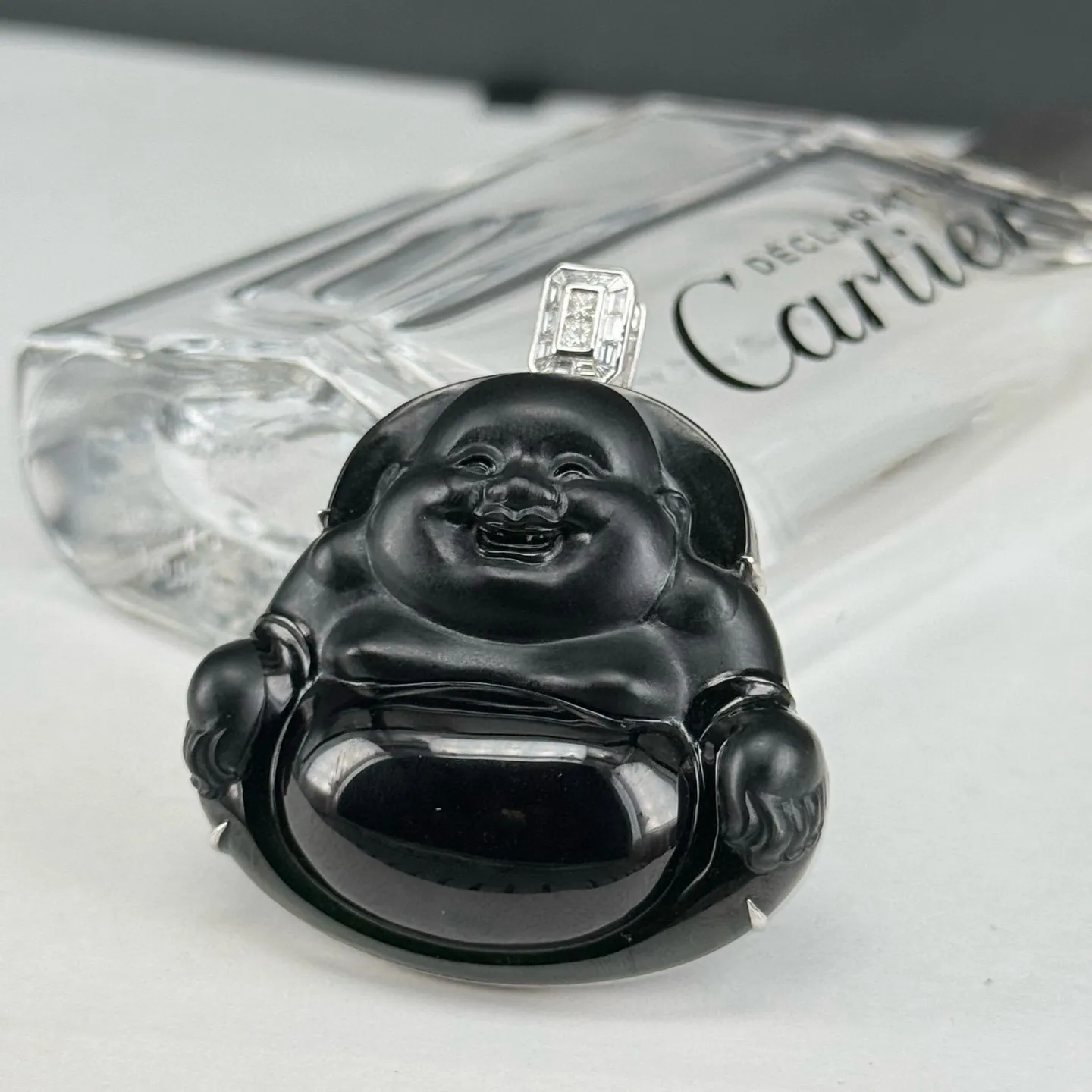 精品18k墨翠大肚佛 种好色正 黑度极好 打灯通透 油性十足 尺寸45.9