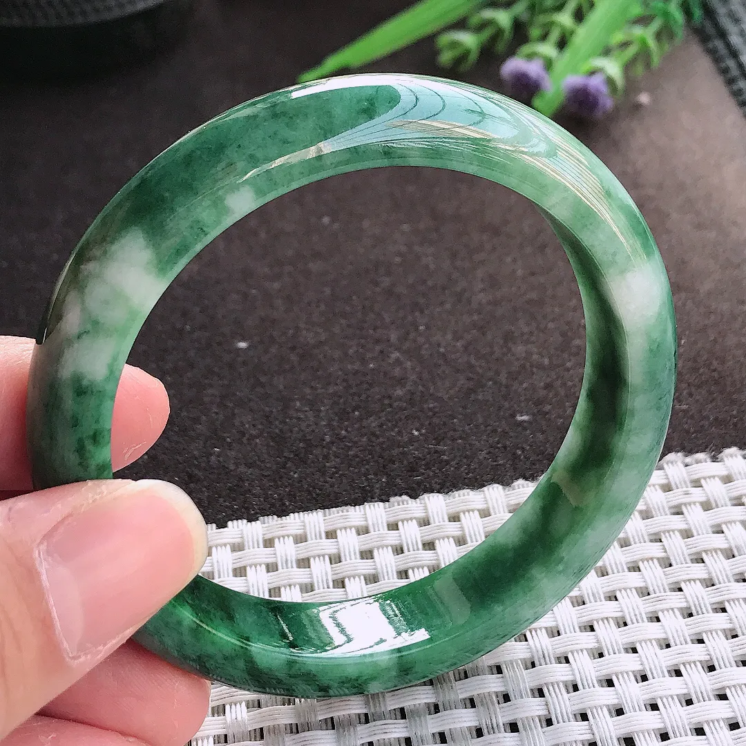 实拍翡翠A货56.5/12.8/7.9老坑精美特色飘花手镯宽边翡翠玉镯女款百搭