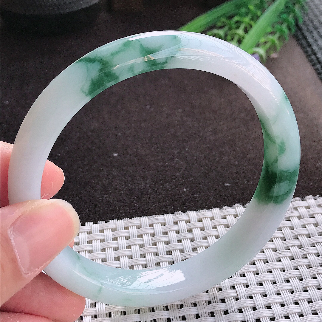 实拍翡翠A货63/11.8/8.2大圈口老坑冰润起胶飘花手镯宽边翡翠玉镯女款百搭