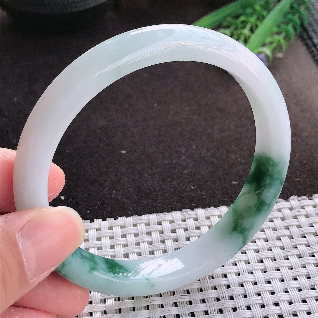 实拍翡翠A货63/11.8/8.2大圈口老坑冰润起胶飘花手镯宽边翡翠玉镯女款百搭