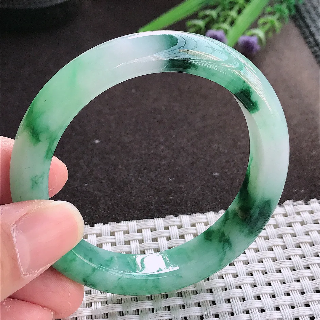 实拍翡翠A货54.8/11.8/8.6老坑精美冰胶冰飘花手镯宽边翡翠玉镯女款百搭