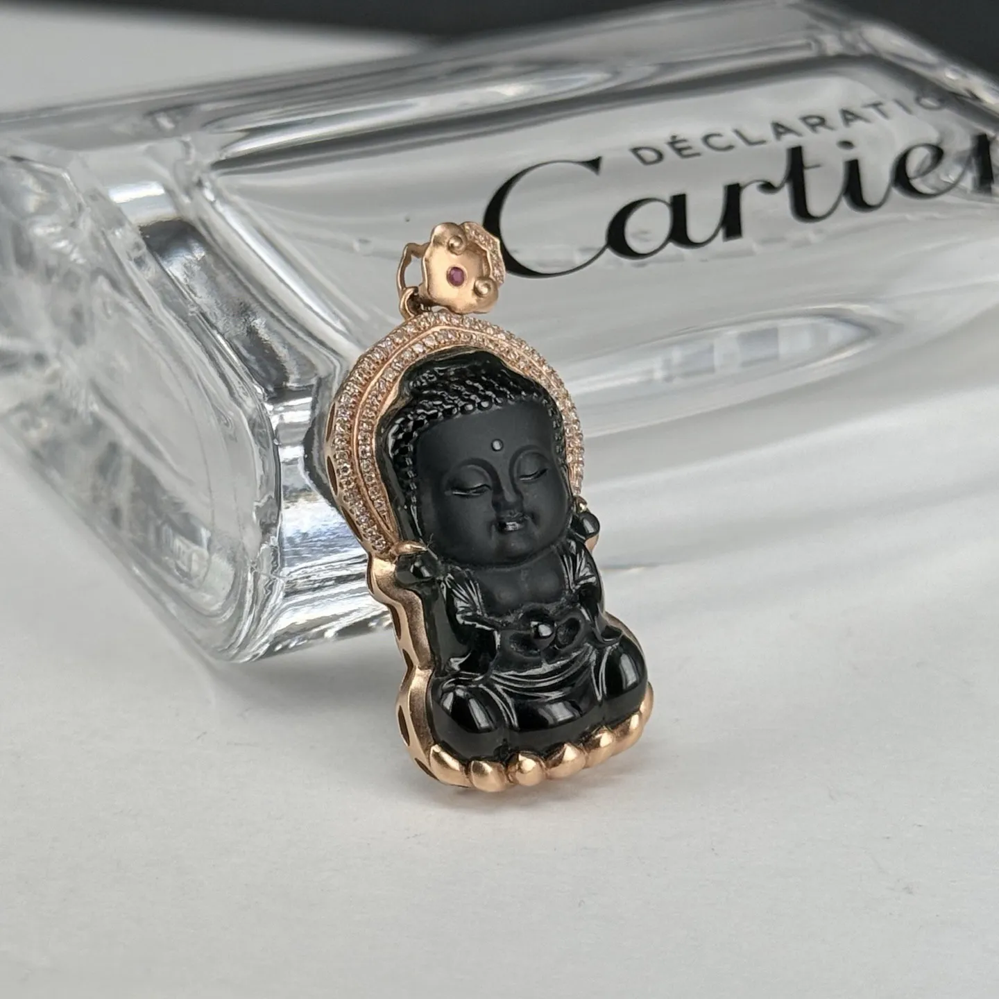 精品18k墨翠宝宝佛吊坠 种好色正 黑度极好 打灯通透 油性十足 尺寸34.9