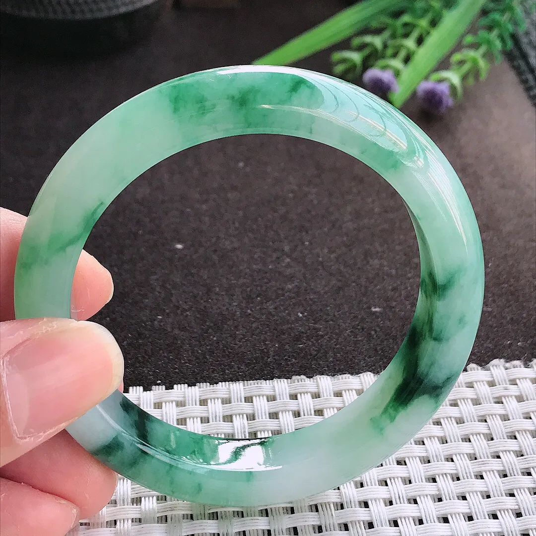 实拍翡翠A货54.8/11.8/8.6老坑精美冰胶冰飘花手镯宽边翡翠玉镯女款百搭