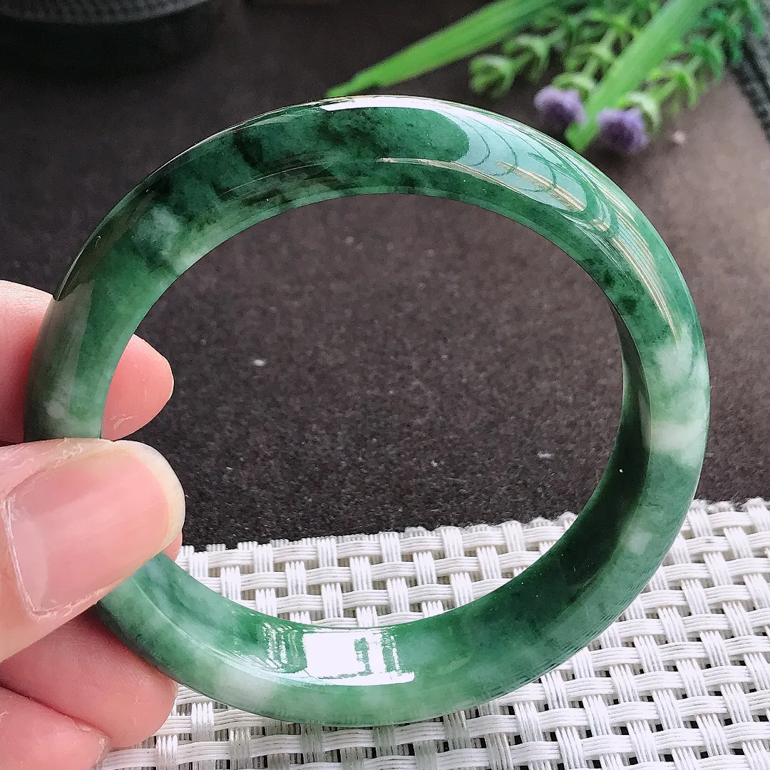 实拍翡翠A货56.5/12.8/7.9老坑精美特色飘花手镯宽边翡翠玉镯女款百搭