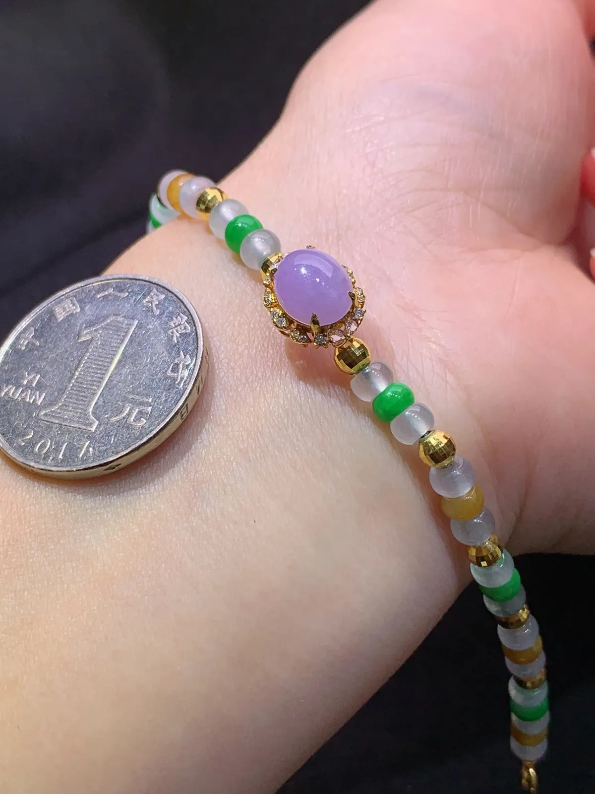 冰种多彩算盘珠手链，18k金配饰，冰润鲜艳，种水足，Fj 尺寸11.9*9.8*7.4
