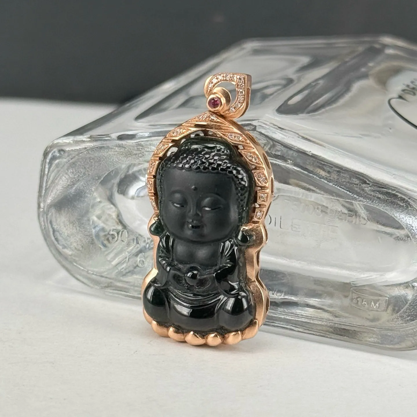 精品18k墨翠宝宝佛吊坠 种好色正 黑度极好 打灯通透 油性十足 尺寸35.9