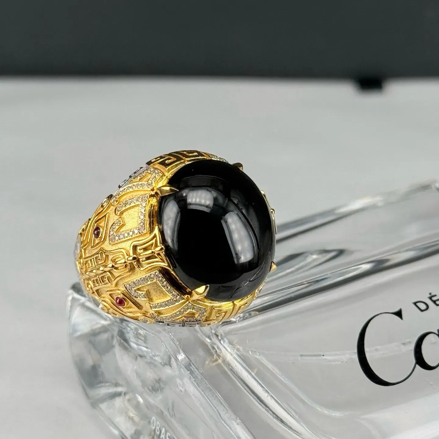 精品豪镶墨翠大男戒 种好色正 黑度极好 打灯通透 油性极好  尺寸19.6