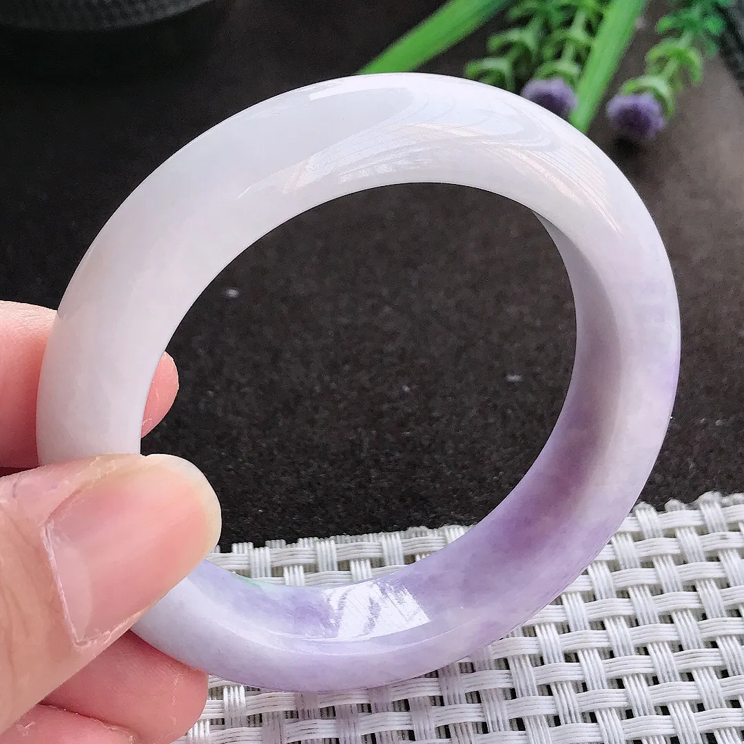 实拍翡翠A货51.5/13.1/9老坑冰润特色紫罗兰手镯宽边翡翠玉镯女款百搭
