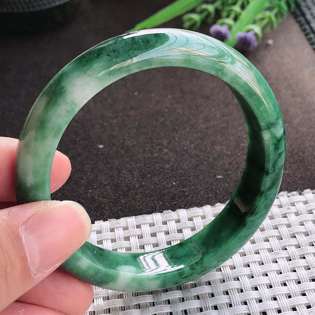 实拍翡翠A货56.5/12.8/7.9老坑精美特色飘花手镯宽边翡翠玉镯女款百搭