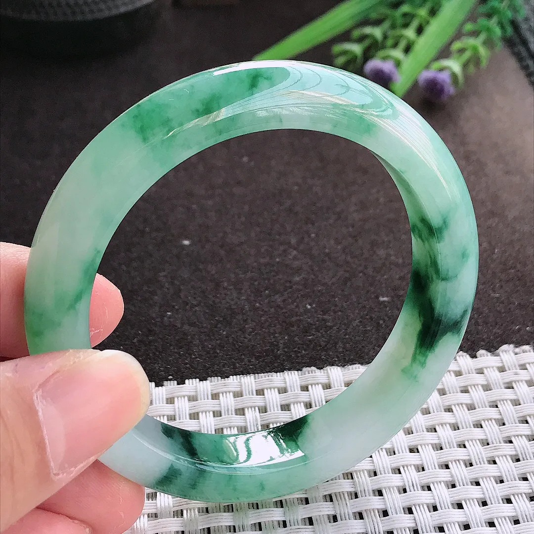 实拍翡翠A货54.8/11.8/8.6老坑精美冰胶冰飘花手镯宽边翡翠玉镯女款百搭