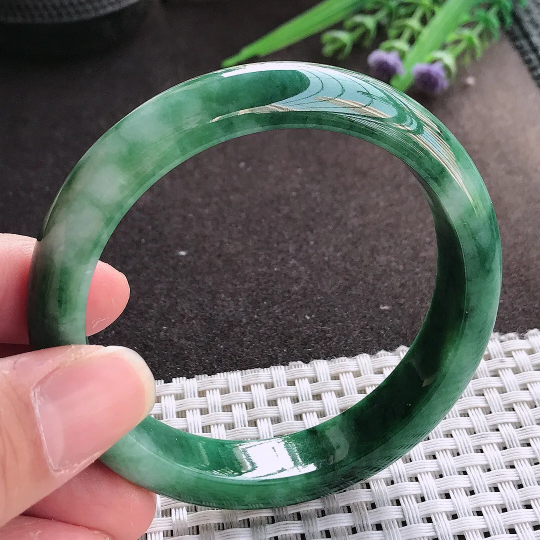 实拍翡翠A货56.5/12.8/7.9老坑精美特色飘花手镯宽边翡翠玉镯女款百搭