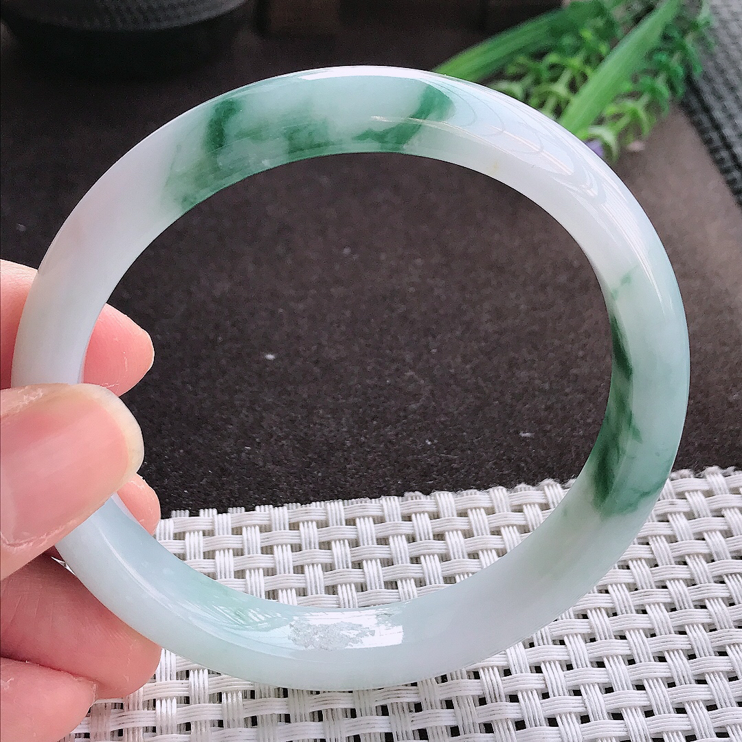 实拍翡翠A货63/11.8/8.2大圈口老坑冰润起胶飘花手镯宽边翡翠玉镯女款百搭