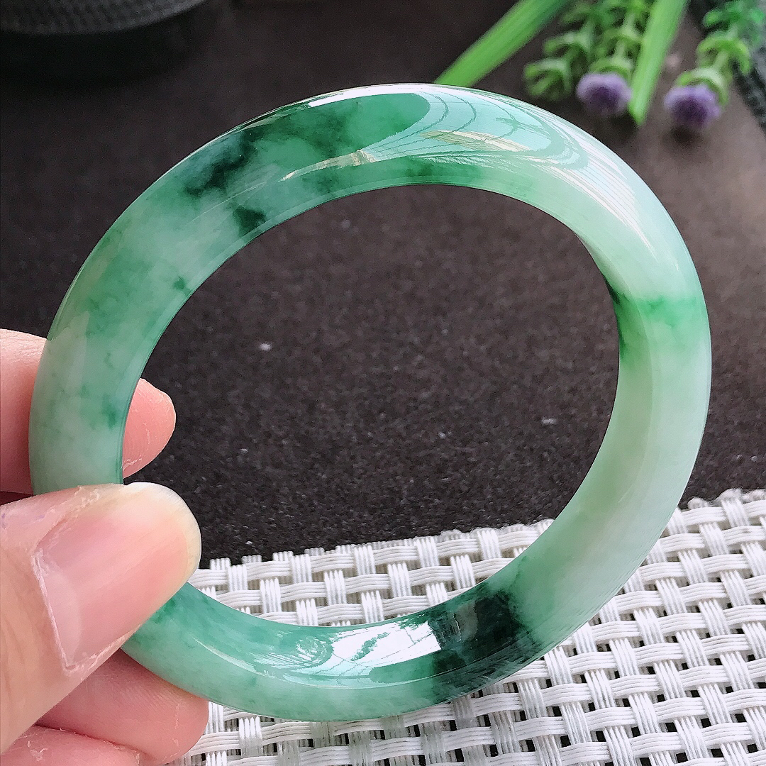 实拍翡翠A货56.5/11.7/8.7老坑冰胶水灵冰飘花手镯宽边翡翠玉镯女款百搭