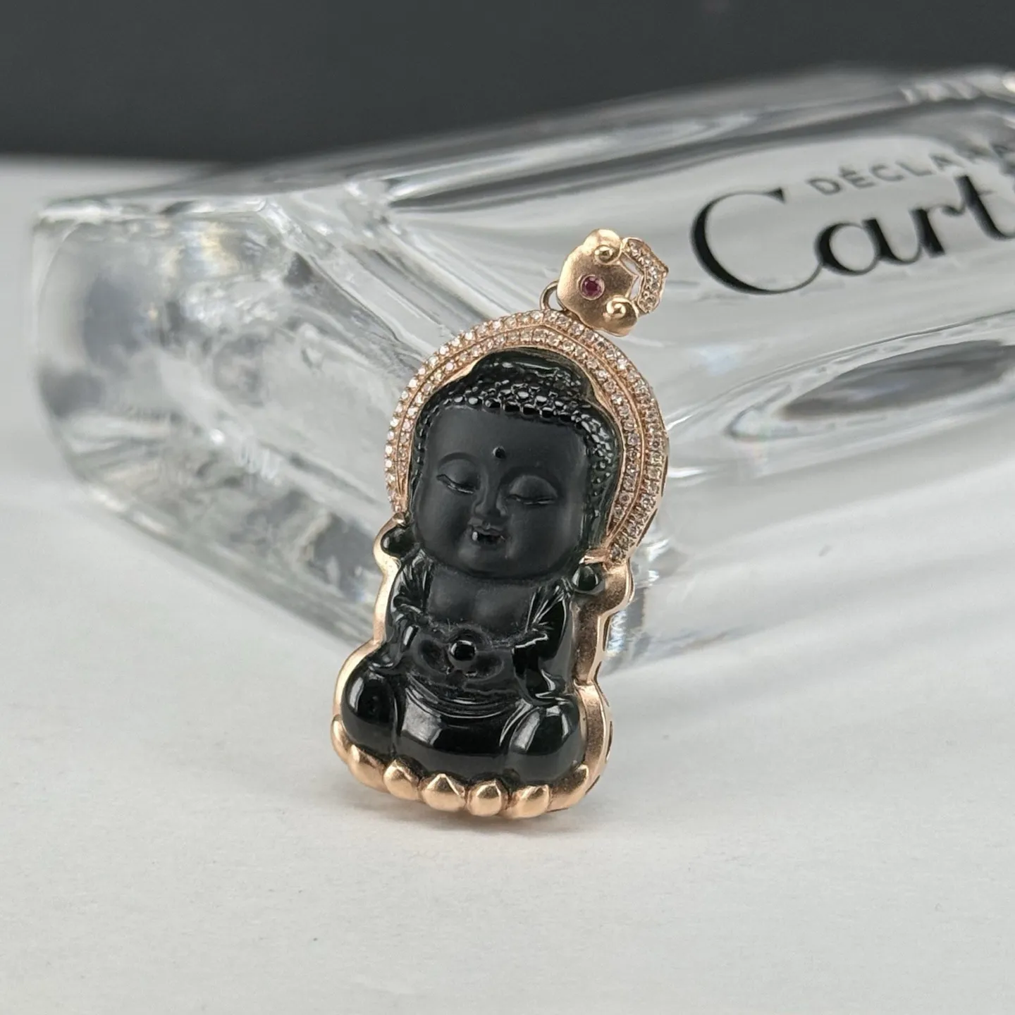 精品18k墨翠宝宝佛吊坠 种好色正 黑度极好 打灯通透 油性十足 尺寸34.9