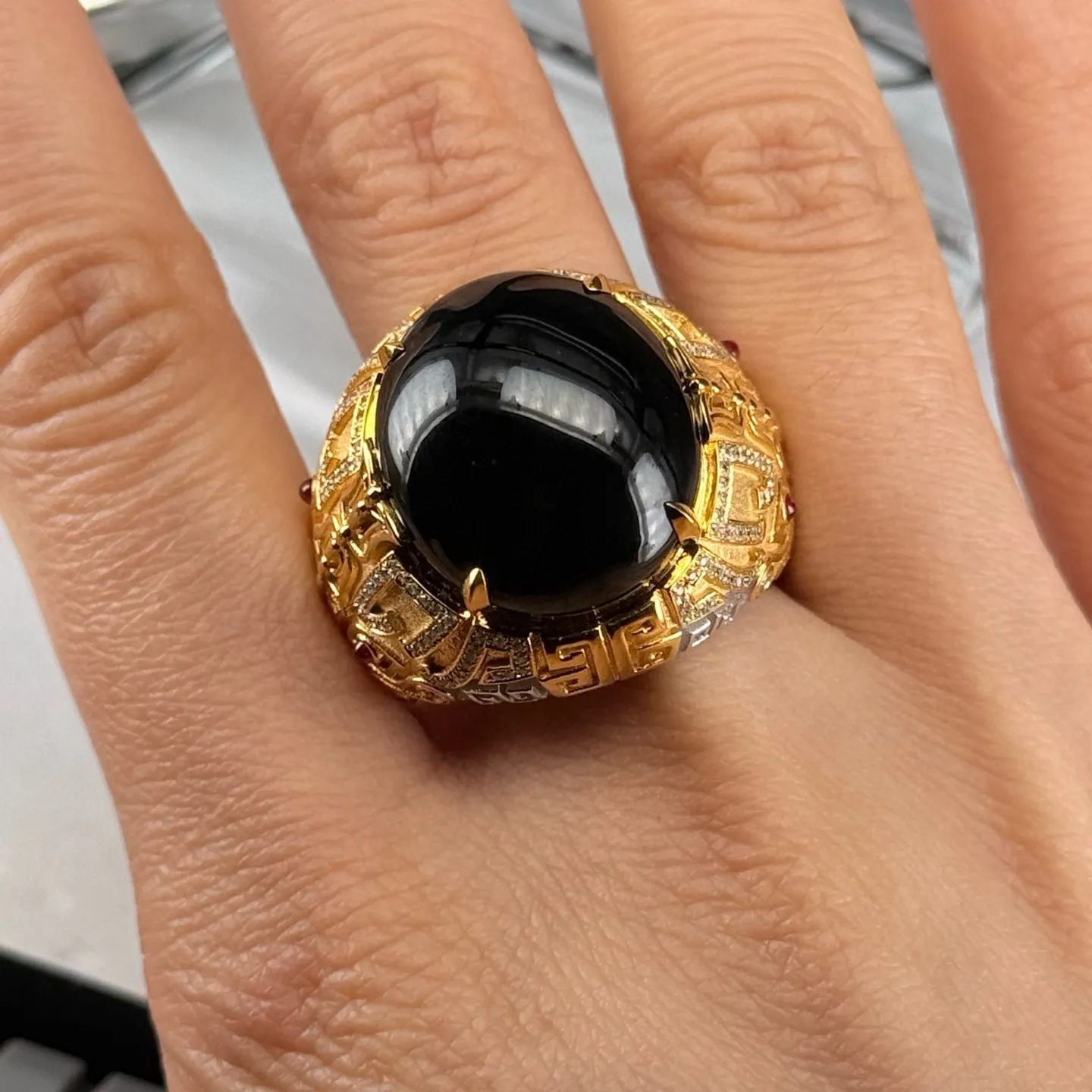 精品豪镶墨翠大男戒 种好色正 黑度极好 打灯通透 油性极好  尺寸19.6