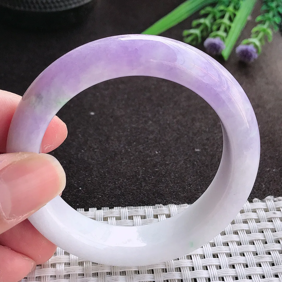 实拍翡翠A货51.5/13.1/9老坑冰润特色紫罗兰手镯宽边翡翠玉镯女款百搭