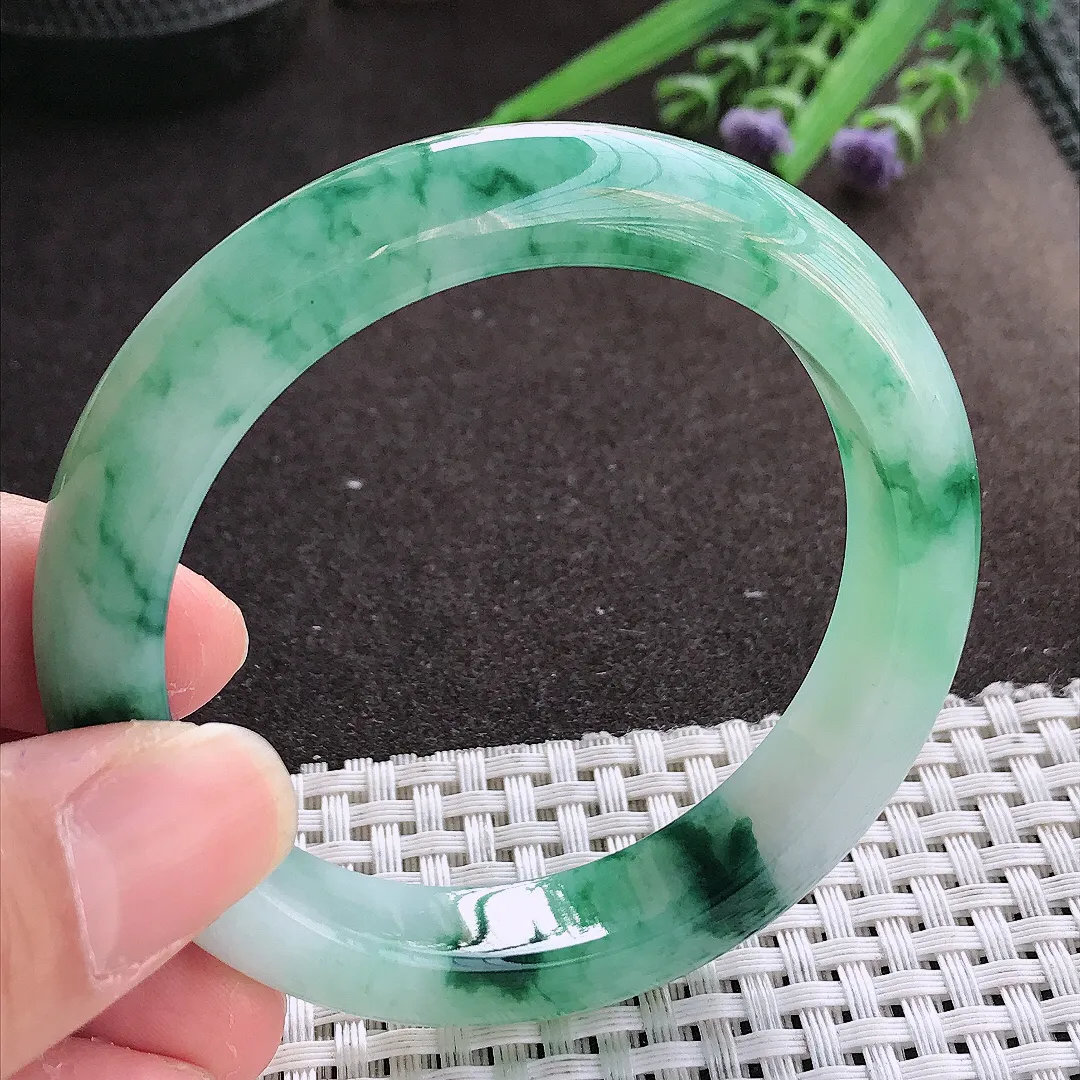 实拍翡翠A货54.8/11.8/8.6老坑精美冰胶冰飘花手镯宽边翡翠玉镯女款百搭