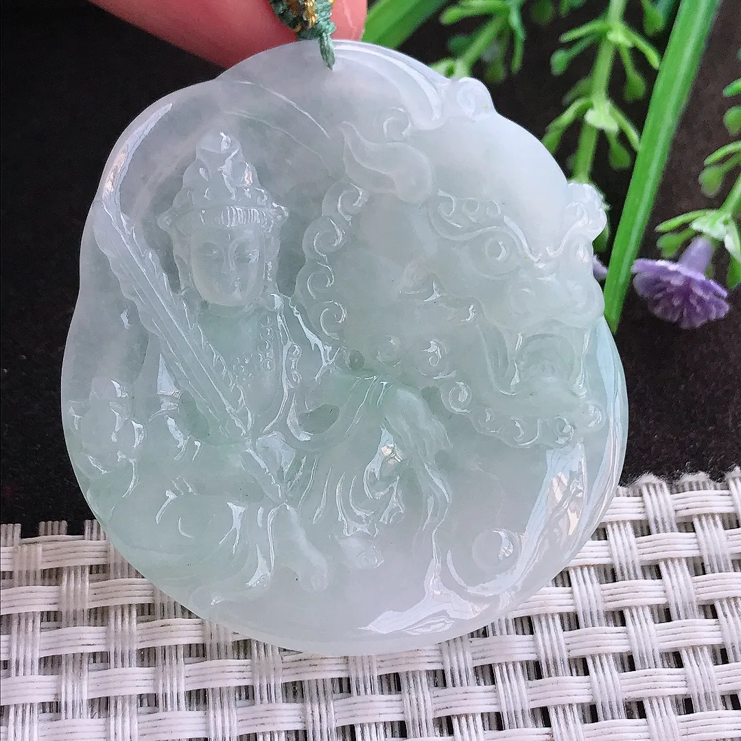 实拍A货翡翠53/48.8/6老坑冰润起胶文殊菩萨吊坠翡翠挂件