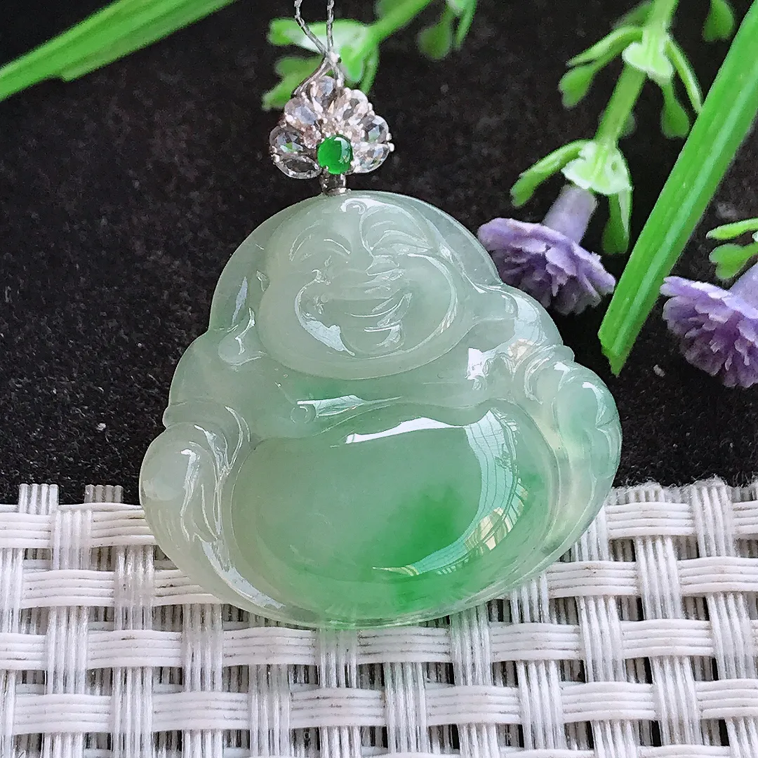 实拍A货翡翠27.5/31/5.6老坑18k金镶嵌冰胶满绿阳绿佛公吊坠翡翠挂件