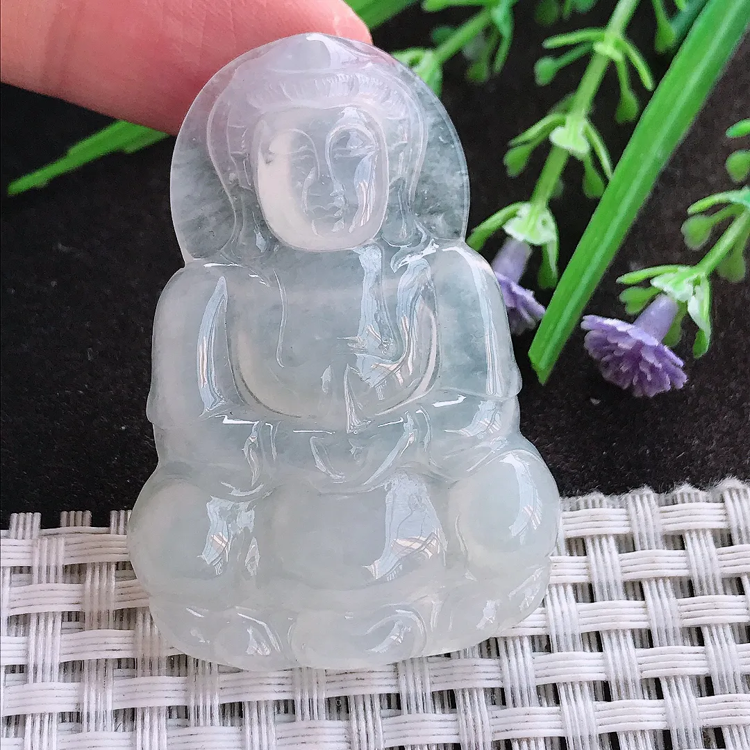 实拍A货翡翠49.7/34.3/5.8老坑冰透起胶白冰正装观音吊坠翡翠挂件
