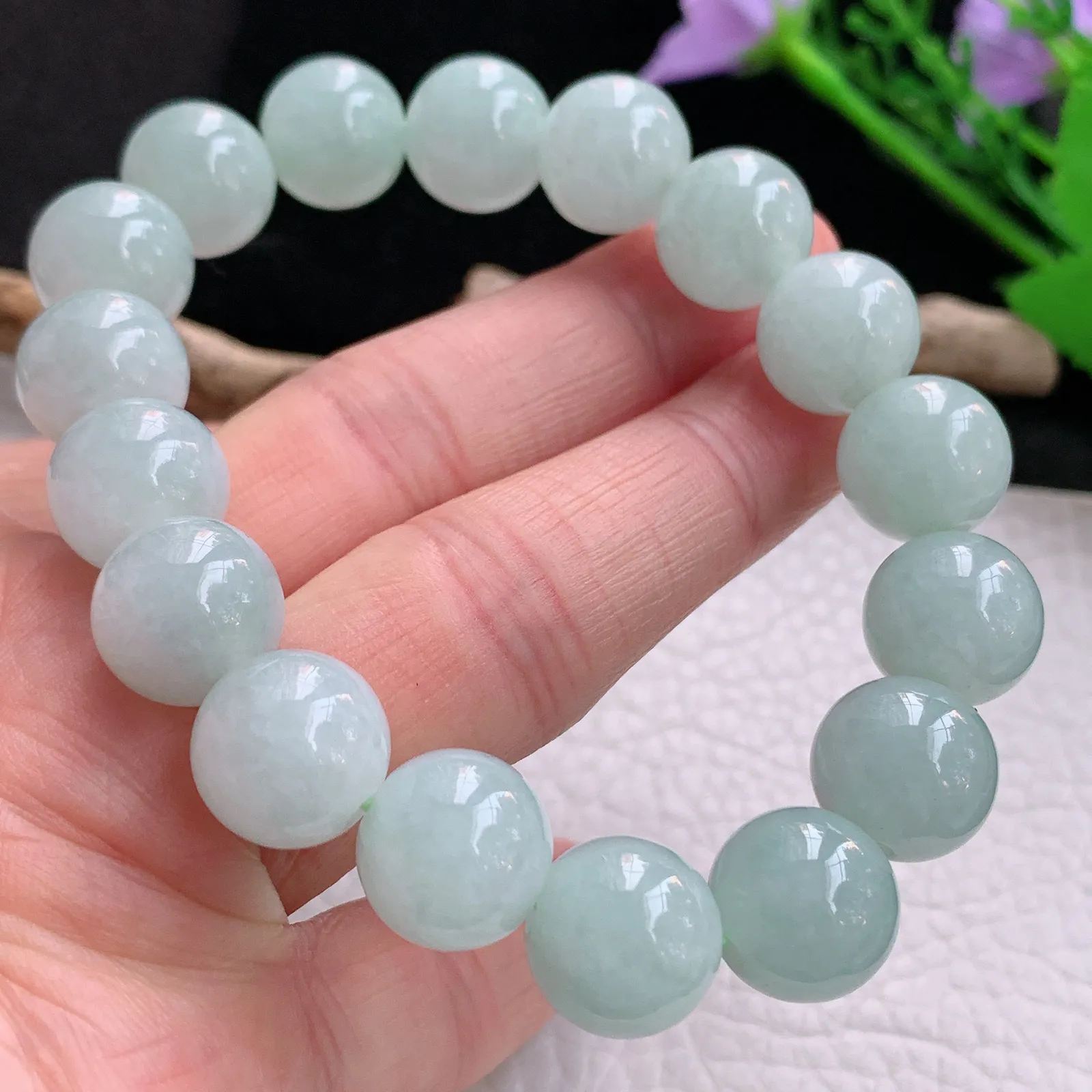 zen实拍 天然缅甸翡翠胶感晴绿12.3mm圆珠玉手链 玉手串