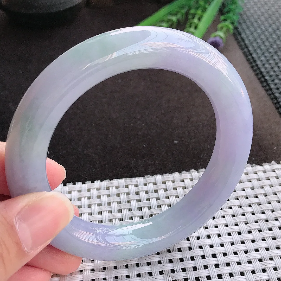 实拍翡翠A货60/12.6/12.2大圈口老坑冰润紫罗兰胖圆条手镯翡翠玉镯