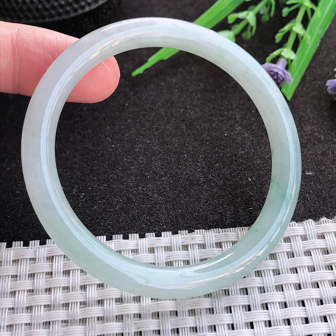 实拍翡翠A货53/6.8/7.2老坑冰胶水灵飘花细条手镯翡翠叮当镯女款