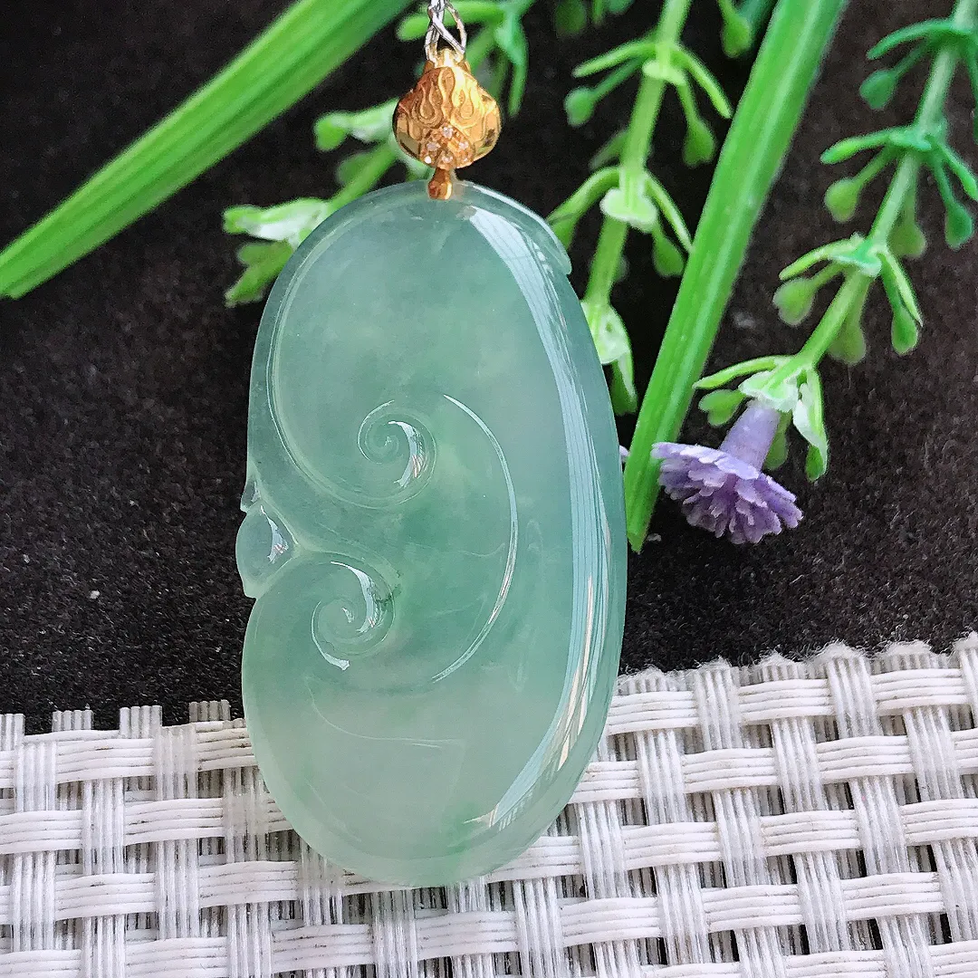 实拍A货翡翠41.6/23/5.1老坑18k金镶嵌起胶冰晴绿如意吊坠翡翠挂件