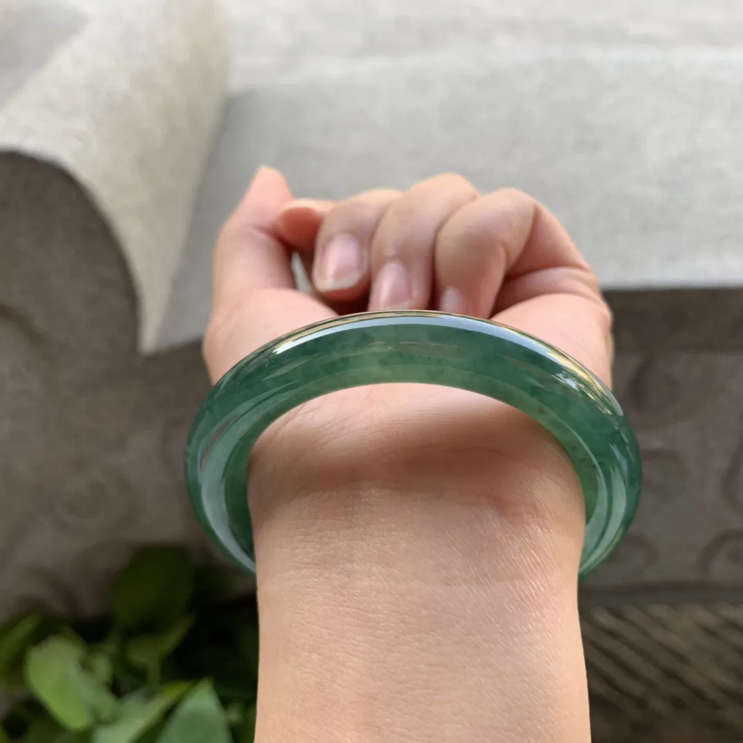 小圈口52.3-9.5 【水墨绿圆条手镯】圆条52 53可戴