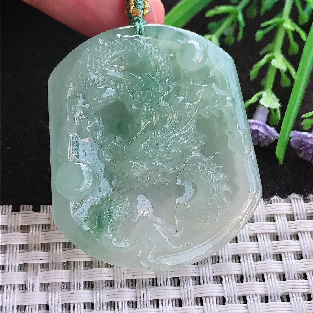 实拍A货翡翠47.5/41/5.6老坑冰胶水灵冰晴绿龙牌吊坠翡翠挂件