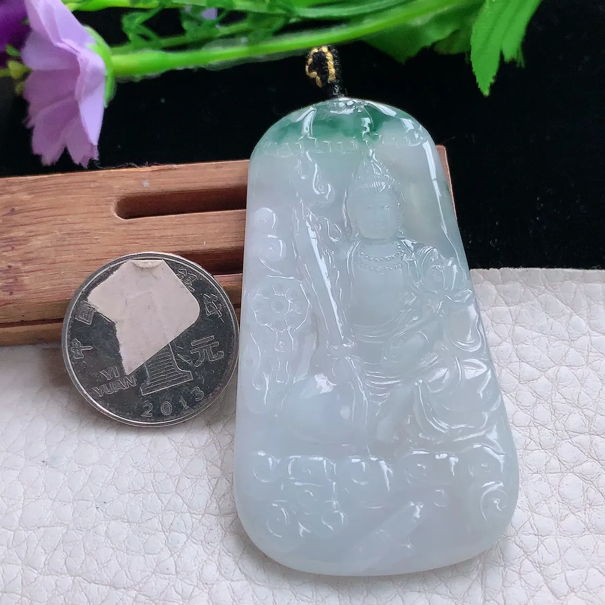 kh实拍67*37.3*5.3缅甸翡翠精雕飘花虚空藏 生肖守护神玉吊坠 玉挂件