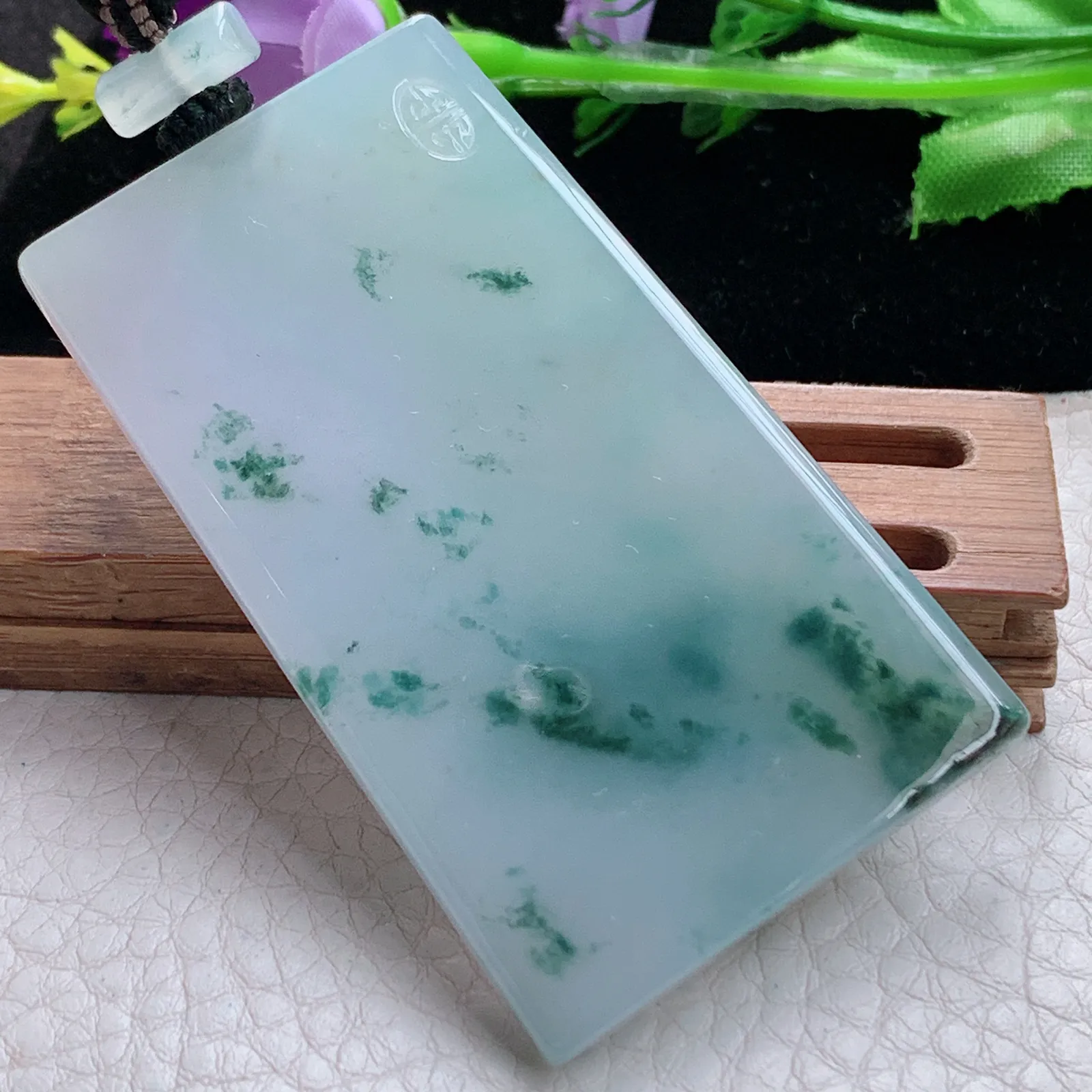 cys实拍63.9*39.6*6缅甸翡翠精雕冰飘花无事牌 素面牌玉吊坠