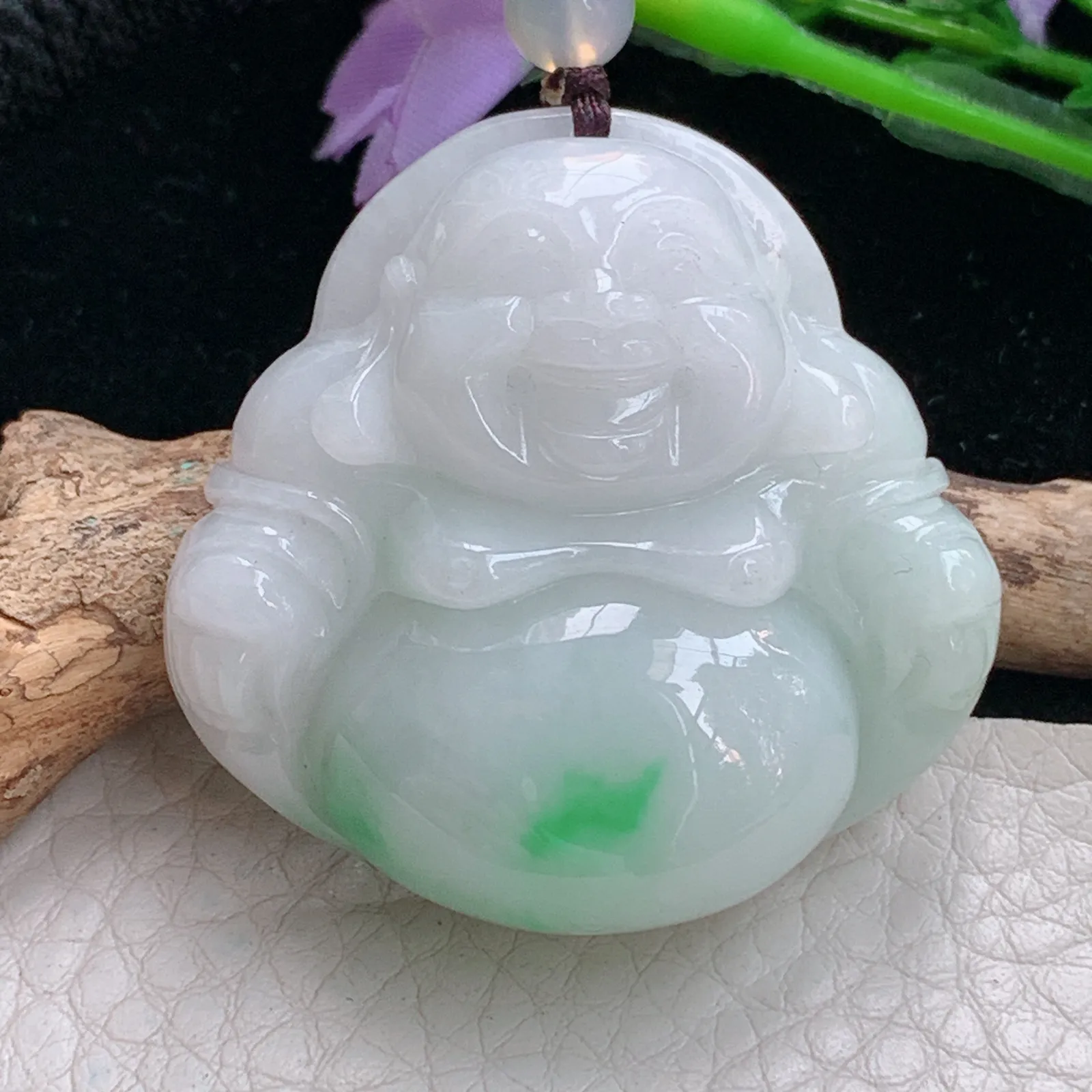 zen实拍39.8*40.6*12.2天然缅甸翡翠白底青佛公 弥勒佛玉吊坠 玉挂件