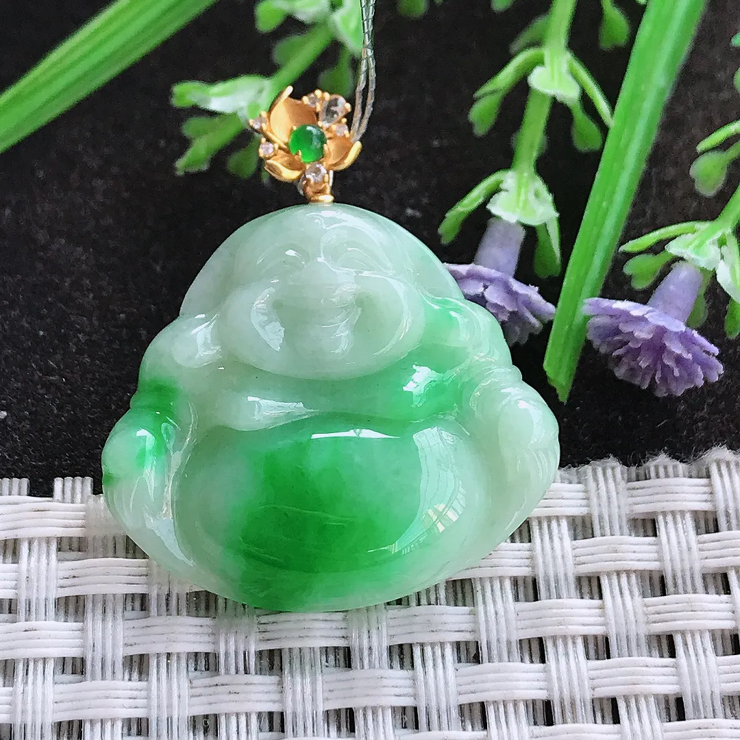 实拍A货翡翠26.2/29.3/5.5老坑18k金镶嵌飘阳绿佛公吊坠翡翠玉佛