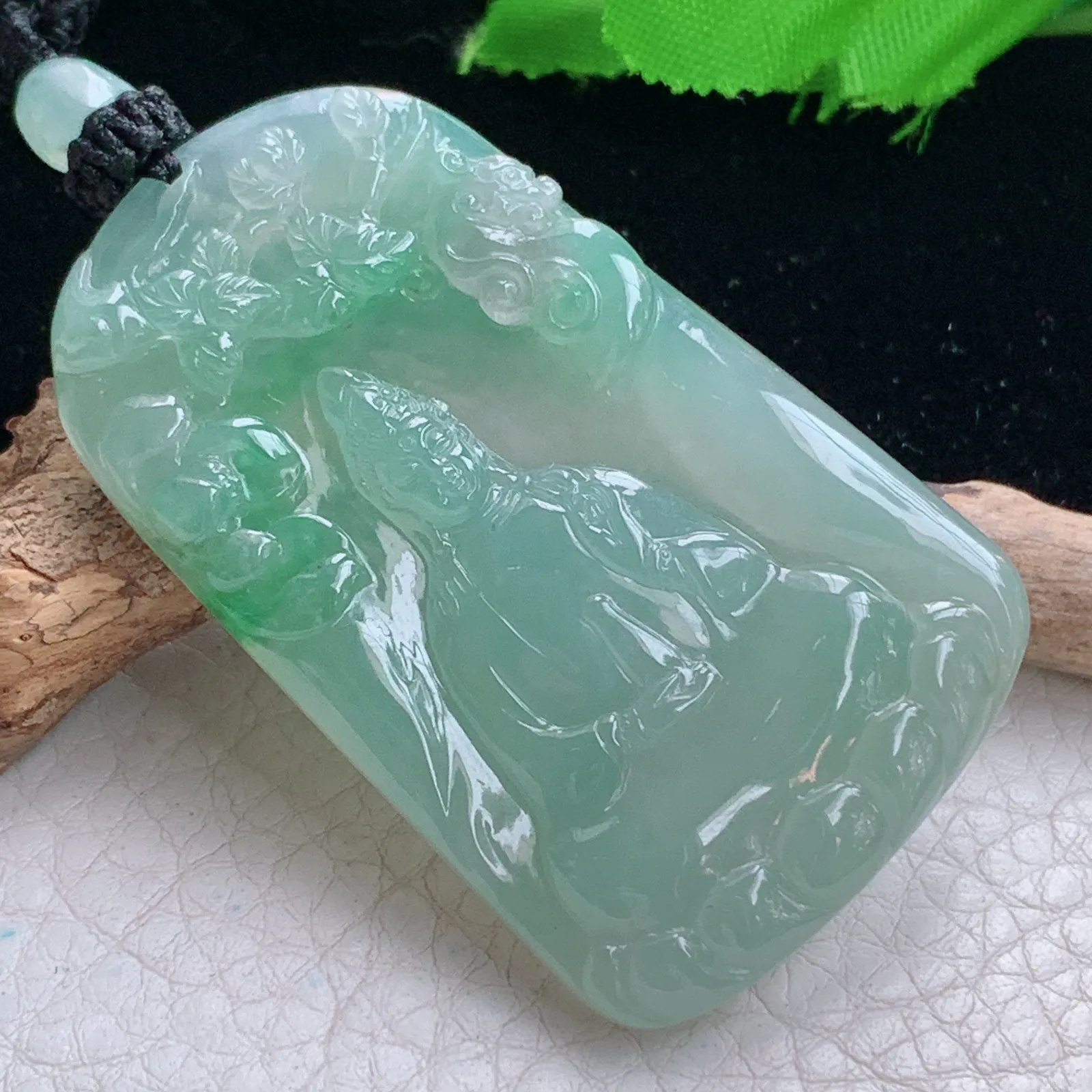 yl实拍55.5*34*5.8缅甸翡翠精雕冰胶飘绿山水观音 玉观音玉挂件 玉吊坠