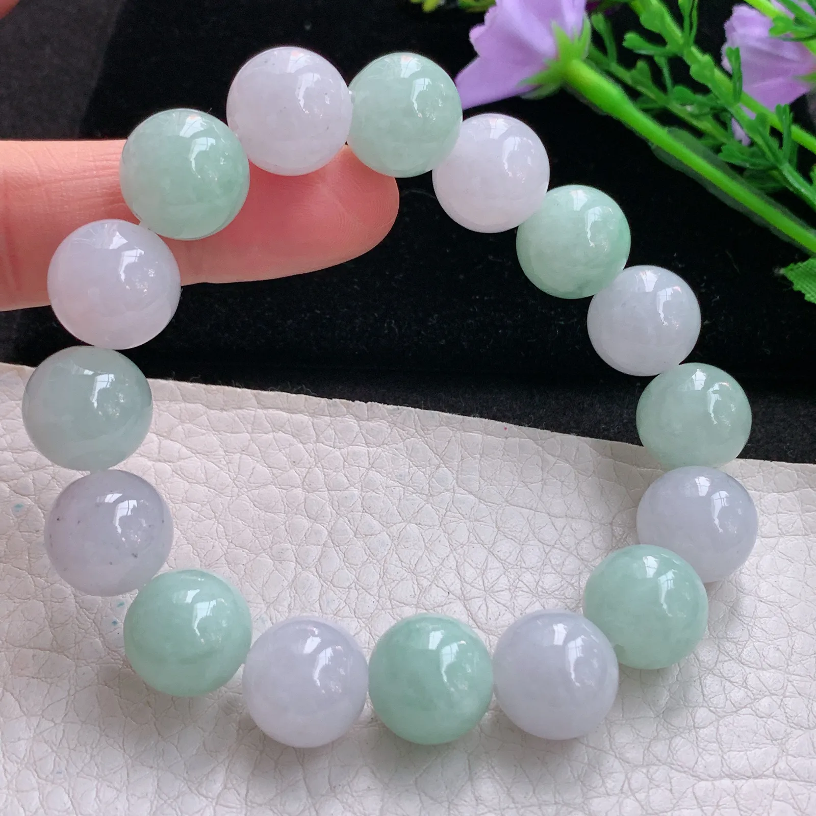zen实拍 天然缅甸翡翠双彩水润13.5mm圆珠玉手链 玉手串