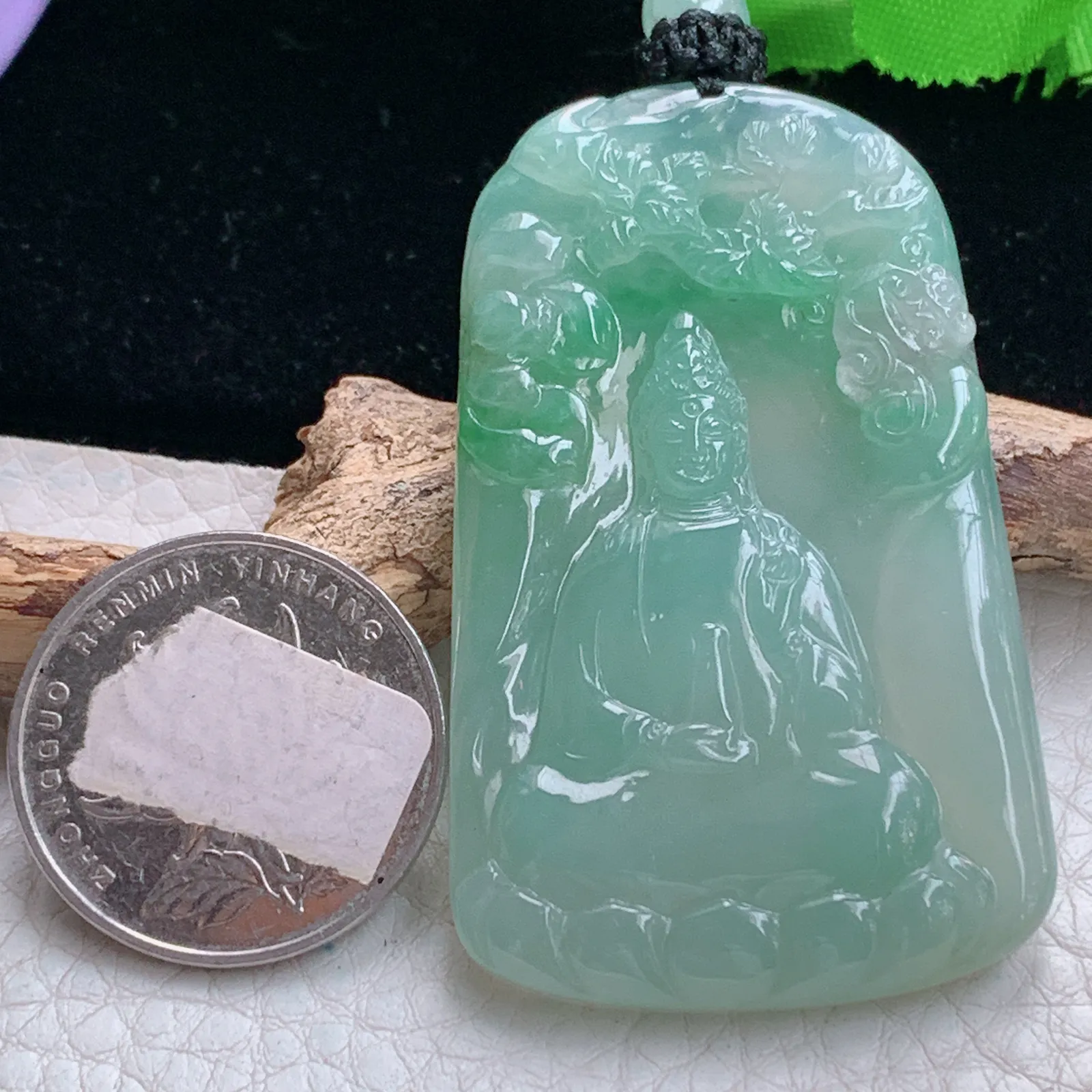 yl实拍55.5*34*5.8缅甸翡翠精雕冰胶飘绿山水观音 玉观音玉挂件 玉吊坠