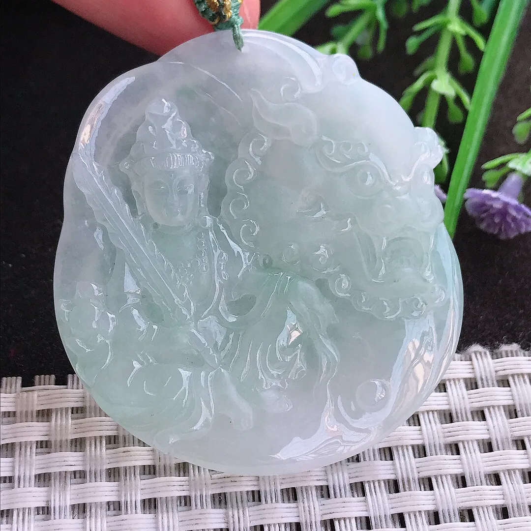 实拍A货翡翠53/48.8/6老坑冰润起胶文殊菩萨吊坠翡翠挂件